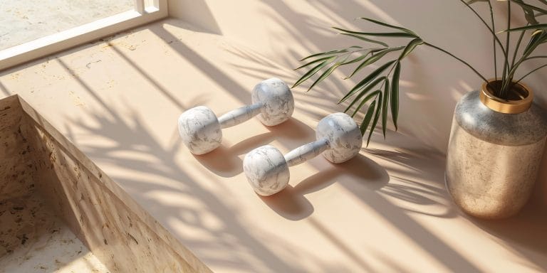 Dumbbells and fitness weights on a wooden surface.